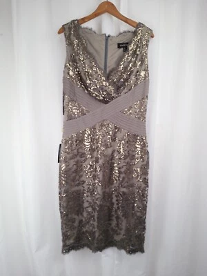 Vestido Tadashi Shoji bordado lantejoulas renda pintuck faixas 10 pérola fumaça - Imagem 1 de 4