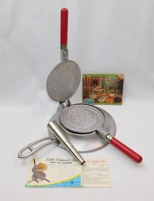 Vtg Nordic Ware Cast Iron Scandinavian Waffle Krumkake Maker With Base IOB - Image 1 of 4