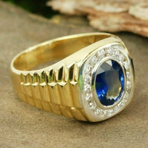 14KYellow Gold Plated 2.25 Ct Oval Simulated Sapphire Halo Men's Engagement Ring - Picture 1 of 7