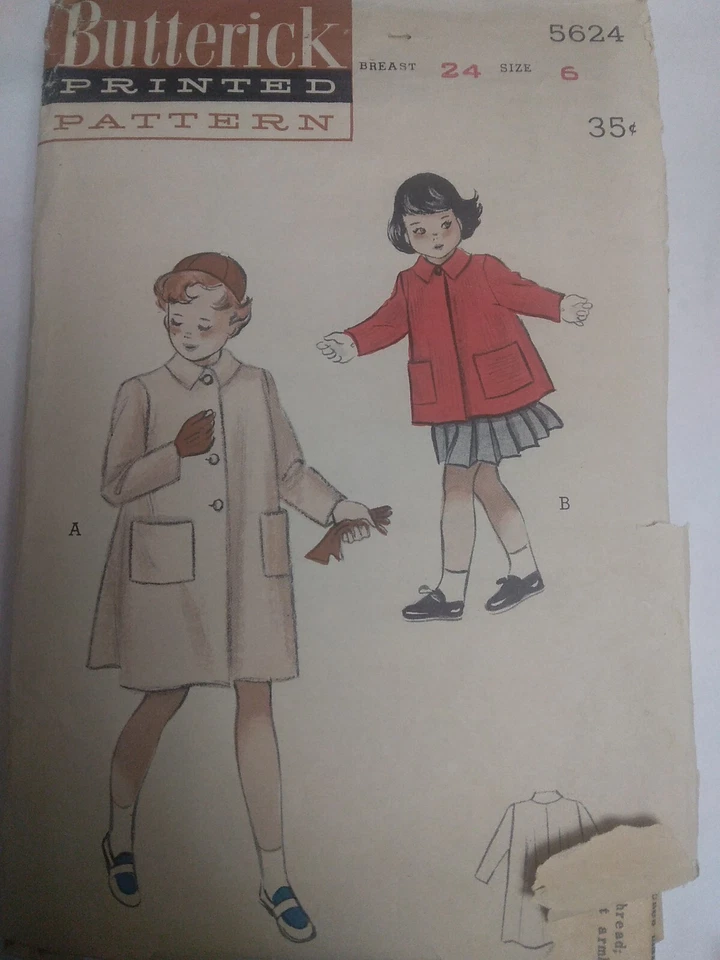 Dress Coat Short Topper Jacket Girls 6 Butterick 5624 Sewing Pattern VTG 50s Cut - Image 1 of 4