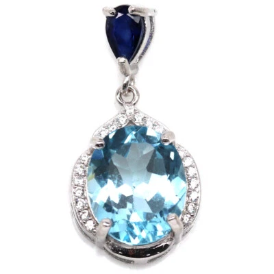 925 Sterlingsilber 9 x 11 Mm. Himmelblau Topas, Saphir & Zirkonia Anhänger - Bild 1 von 4