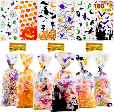 150 PIEZAS Bolsas de Caramelos de Celofán de Halloween, Bolsas de Golosinas Transparentes con Lazos Giratorios, Hola Foto 1 de 4