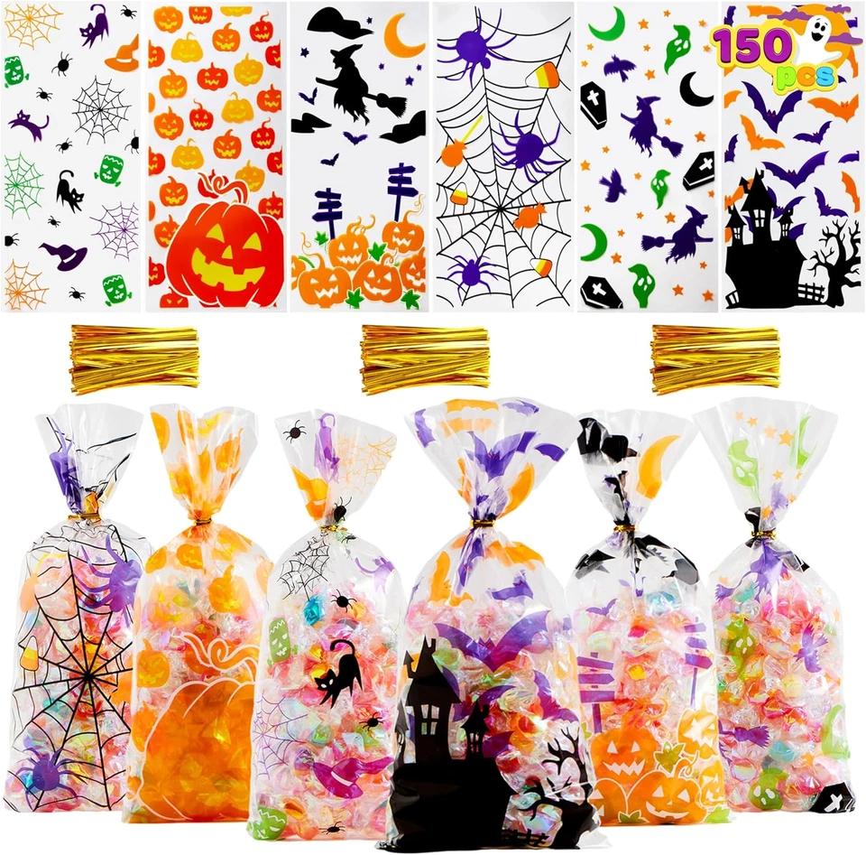 150 PCS Halloween Cellophane Candy Bags, Clear Treat Bags with Twist Ties, Hallo - Image 1 of 4
