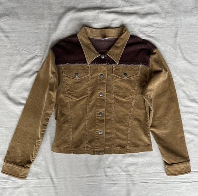 Chaqueta Prana Para Mujer Mediana Pana Dos Tonos Marrón A Presión Costura Cruda Cuello Foto 1 de 4