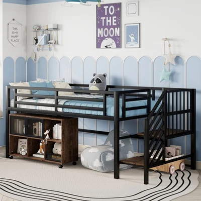 Twin Metal Loft Bed with Rolling Storage Cubby,Low Loft Bed w/Stairs for Kids - Image 1 of 4