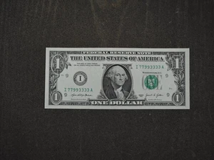2021 $1 dollar fancy serial nuI77993333A trinary with two and 4 of a kind... - Picture 1 of 3