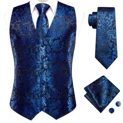 Plus Size S-5XL Mens Waistcoat Navy Paisley Vest Tie Hankie Cufflinks Set Casual - Image 1 of 4