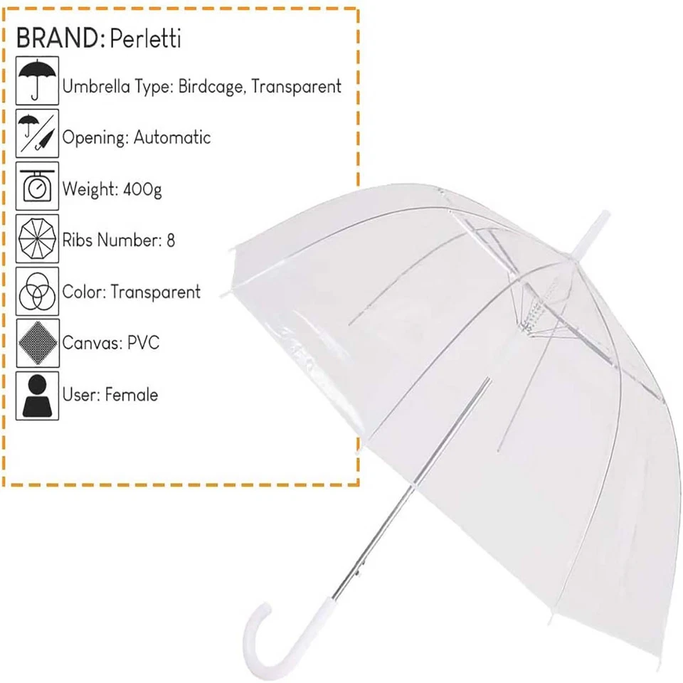 Ombrello Donna Automatico a Cupola Trasparente  Basic By Perletti Lunghi Bianco - Immagine 1 di 1