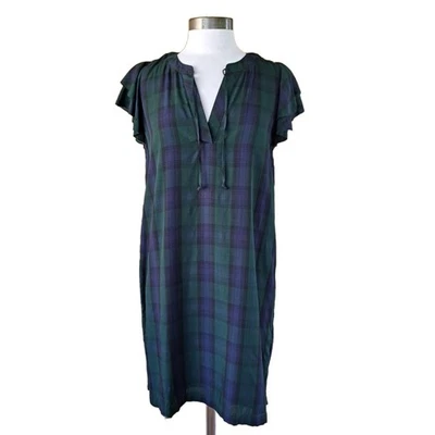 VINEYARD VINES Blackwatch Tartan Flutter Sleeve Tunic Dress Small Green Navy  - Image 1 of 4