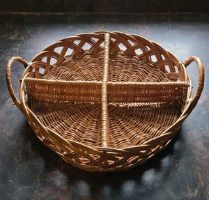 Vintage 14" Round Divided Woven Wicker Tray Basket With Handles Serving Decor  - Picture 1 of 6