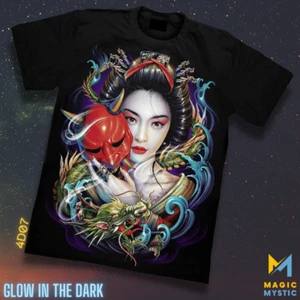 Black T-Shirt Original Colorful Artistic Geisha Fantasy Glow in the Dark - Picture 1 of 9