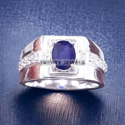 Piedras preciosas de zafiro azul de corte ovalado con anillo de plata de ley 925 para hombre #A235 * Foto 1 de 4