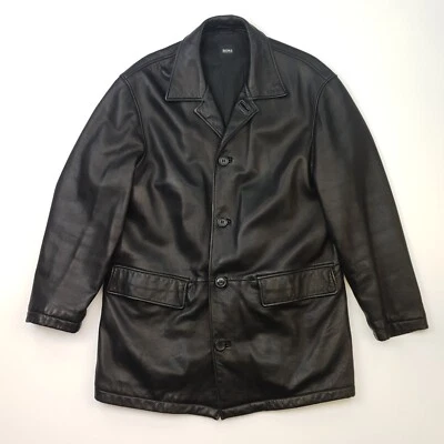 HUGO BOSS Leather Jacket 42 = LARGE Black Soft Heavy Vintage Mid-Length Coat - Image 1 of 4