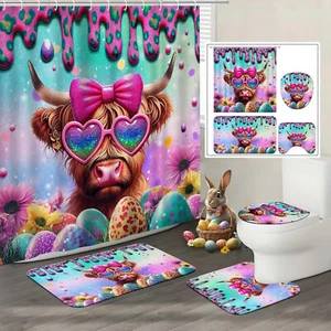 4 Pcs Beach Shower Curtain Set with Non-Slip Rug, Toilet Lid Cover and Mat, S... - Picture 1 of 6