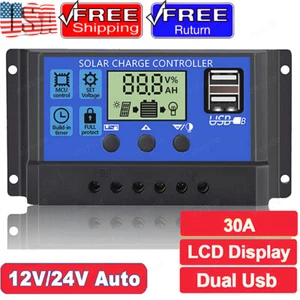 30A PWM Solar Panel Charge Controller 12/24V Auto LCD Display Dual USB Timer Set - Picture 1 of 9