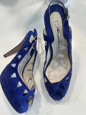 Brian Atwood 女式蓝色麂皮绒鞋露跟高跟鞋意大利美国 38.5 码 — 第 1/4 张图片