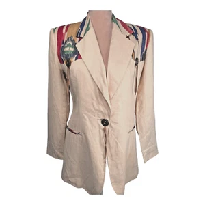 Vtg Maurizio Ramani Womens Sz S Linen Blazer Jacket Italy Aztec Southwestern - Picture 1 of 14