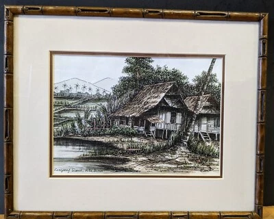 复古带框钢笔和墨水画 - 马来西亚甘榜场景 - 热带村庄 — 第 1/4 张图片