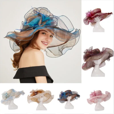 Cappello donna organza rete estivo largo tesa estate spiaggia festa matrimonio elegante - Immagine 1 di 4