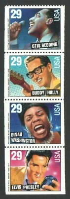 Unused US Postage Strip 29 Cent Stamps Rock & Roll Otis Redding BuddyHolly Elvis - Image 1 of 2