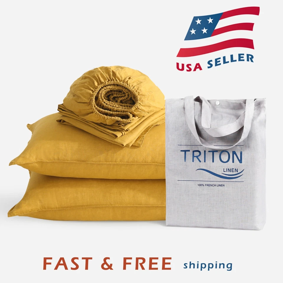 Juego de sábanas 100 % lino 4 piezas 1 sábana plana 1 sábana ajustable 2 fundas de almohada ropa de cama suave Foto 1 de 1