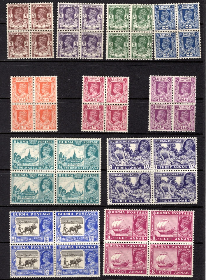 Birmania 1946 sg 51 - 59 cambio de color set a 8as en bloques de 4 UM Foto 1 de 1