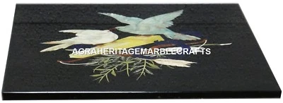 Black Marble Center Table Top Birds Semi Precious Stone Inlay Arts Mosaic Decor - Image 1 of 4