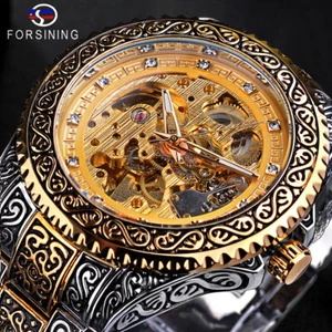 FORSINING Men's Luxury Diamond Carved Skeleton Automatic Mechanical Wrist Watch - Picture 1 of 12
