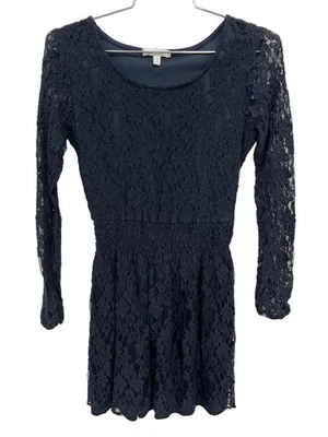 Y2K DeliAs Lace Skater Dress Size XS Navy Long Sleeve Floral Smocked Waist - Image 1 of 4