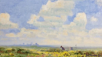 Pintura al óleo de paisaje firmada enmarcada 18x18 DON L. PARKS (b.1943) West Texas Foto 1 de 4