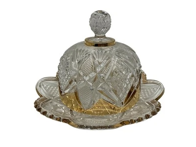 EAPG USA VTG Clear Glass/Gold Pennsylvania Pattern Covered Cheese/Butter Dish - Image 1 of 4