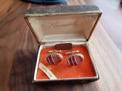 Vintage Krementz Cufflinks Large Goldtone Orange Striped Agate Genuine Stones - Image 1 of 4
