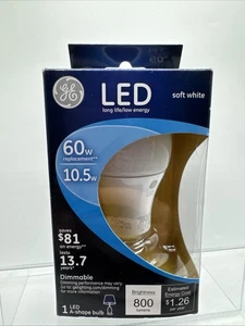SOFT WHITE GE LED 60W/10.5w Dimmable Bulb 800 lum A-shape medium base - Picture 1 of 5