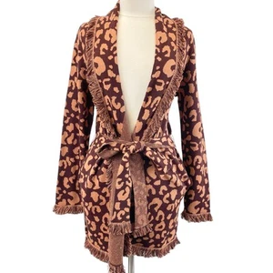 525 Fringe Cardigan Sweater Womens Medium Belted Fringe Bohemian Leopard Mobwife - Picture 1 of 9