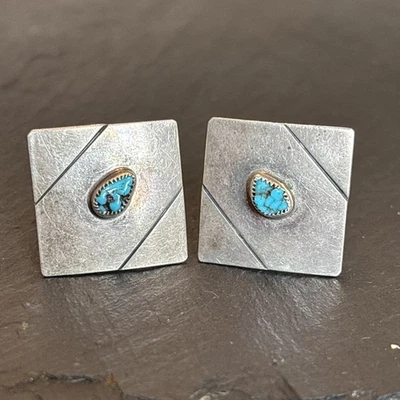Navajo Hand Stamped Vintage Turquoise Sterling Silver Cufflinks J7 - Image 1 of 4