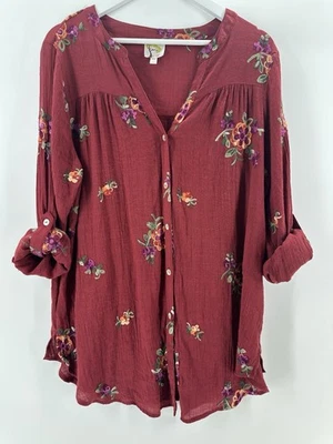 Camisa con botones FIG AND FLOWER Anthropologie para mujer 1X verde floral bordada Foto 1 de 4