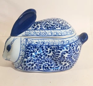 Lancel Paris Blue White Porcelain Bunny w Lid Trinket Keepsake Box - Picture 1 of 10