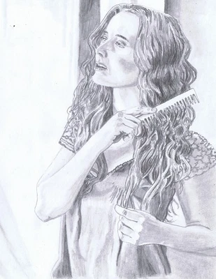 Ilustración a lápiz original Mujer con un peine dibujo de la vida Foto 1 de 2