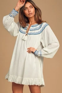 Free People Tunic Dress Long Top Women’s Size L Embroidered Boho Erin Tassels - Picture 1 of 20