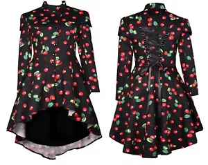 SIZE 12 14 BLACK GOTHIC RED CHERRIES RIDING COAT JACKET STEAMPUNK CORSET TIE - Picture 1 of 5