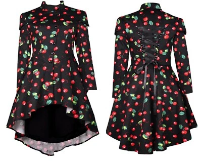 SIZE 12 14  BLACK GOTHIC RED CHERRIES RIDING COAT JACKET STEAMPUNK CORSET TIE - Image 1 of 4
