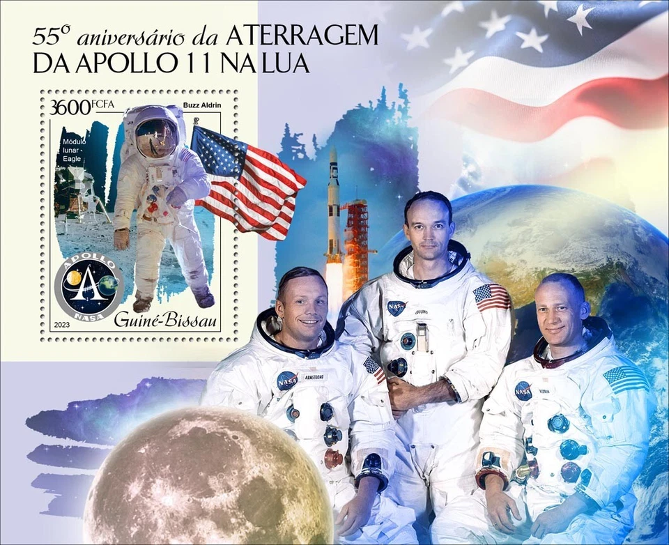 Estampillas del Apolo 11 espacial aterrizaje en la Luna 55 años MNH 2023 Guinea-Bissau S/S Foto 1 de 1
