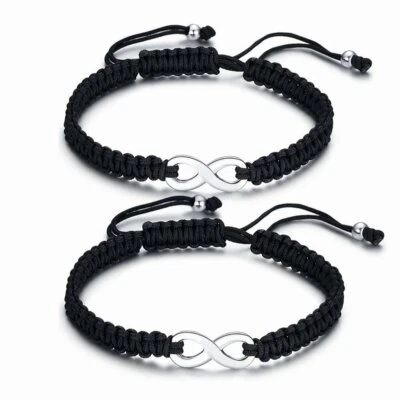 2 pulseras trenzadas con cordón de cuero negro infinito encanto acero inoxidable par Foto 1 de 4