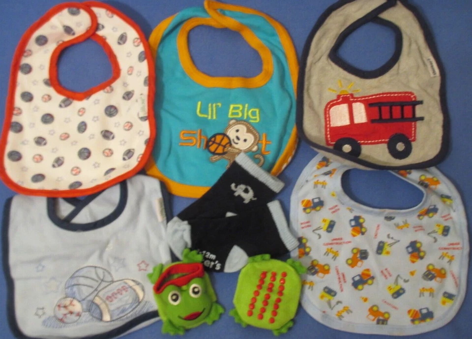 5 Boy BABY BIBs  ( Sports, Fire truck, BLUE &  2 Socks Green Frog $ 1.00 Each VG - Image 1 of 4