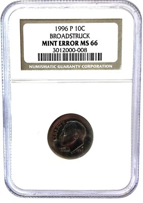  1996-P BROADSTRUCK DIME NGC  Mint Error MS66 Roosevelt  10c Coin. - Image 1 of 4