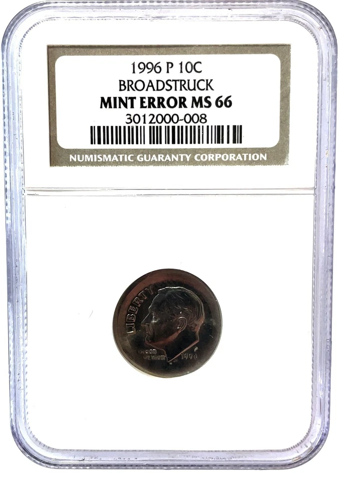  1996-P BROADSTRUCK DIME NGC  Mint Error MS66 Roosevelt  10c Coin. - Image 1 of 4