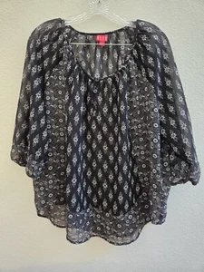ELLE Blouse Women L Black White Floral Sheer Scoop Neck 3/4 Sleeve Boho Button - Picture 1 of 12