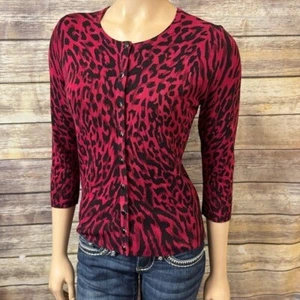 White House Black Market Cardigan S Small Leopard Animal Print Red Snap Button - Picture 1 of 8