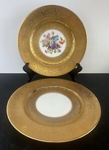 2 Heinrich H&C Selb Bavaria Cabinet 11” Plate Service Chargers Floral & Gold