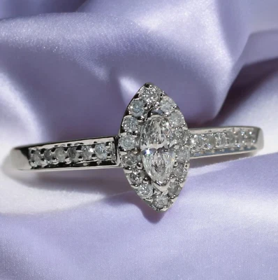 Natural Diamond Ring in 10K White Gold- Marquise Cut Halo Ring -Sz 6.5- 1/2 CTTW - Image 1 of 4